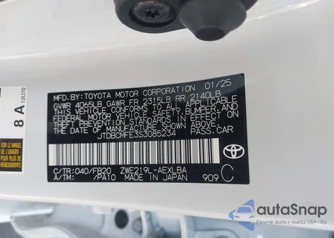 2025 Toyota Corolla Le/Se/Xle from USA, damaged, VIN JTDBCMFE3S3085234